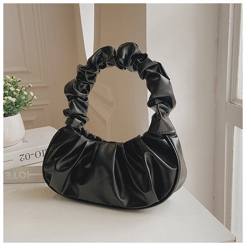 Women Pleated Ruched Handle Cloud Underarm Shoulder Bag PU Leather Fashion Solid Color Half Moon Hobo Purse