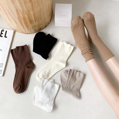 Women Ribbed Mid Tube Socks Cotton Blend Solid Color Japanese Style Soft Breathable Casual Slouch Pile Socks