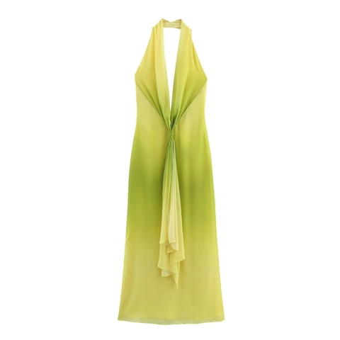 Halfter Maxi Kleid Tiefer V-Ausschnitt Rückenfrei Chiffon Satin Gradient Blumenmuster Elegant Sommer Urlaub Abend Für Damen