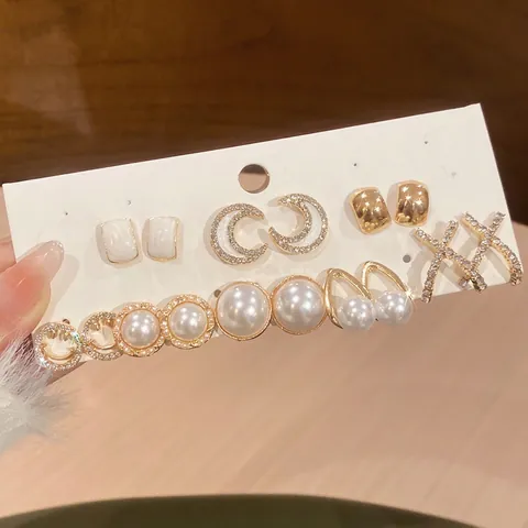 Eleganti Orecchini A Lobo Con Perno In Argento Lega Perla Artificial Sintetica Strass Luna Geometrico Per Donna