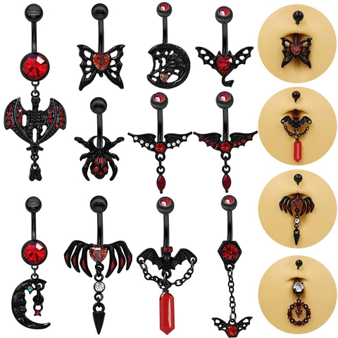 Gothic Schwarz Bauchnabelpiercing Rotes Herz Zirkon Navel Piercing Schmuck Fledermaus Spinne Skelett Punk Halloween Damen