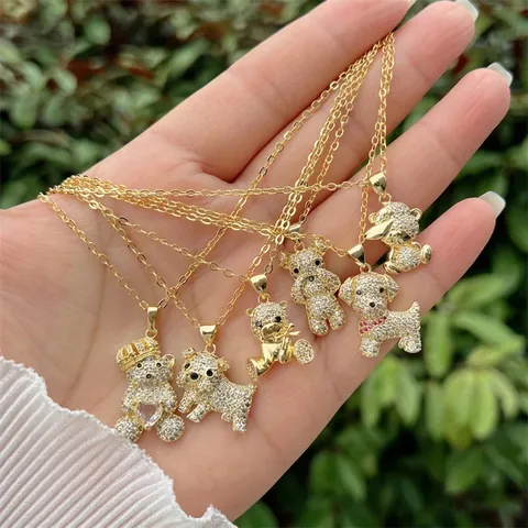 Collana Con Pendente Animale Rame Placcato Oro 18K Zirconia Cubica Bianca Completamente Pavimentata Orso Cane Gioielli Unisex