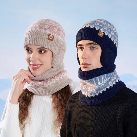 Winter Knit Hat And Neck Warmer Thermal Fleece Lined Windproof Ear Protection Fair Isle Jacquard Outdoor Unisex