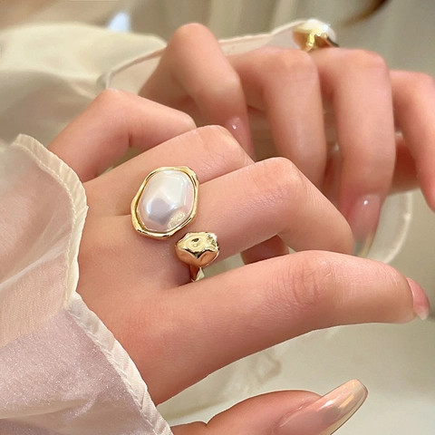 Vintage Adjustable Ring With Irregular Artificial Baroque Pearl Zircon Alloy Gold Plated Elegant French Style Hand Jewelry For Women