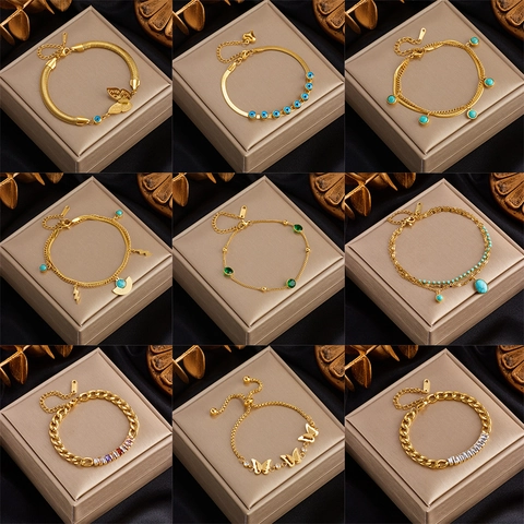 Bracciale con Charm in Acciaio Inossidabile Placcato Oro Farfalla Malocchio Turchese Strass Moda Gioielli Retro Donna