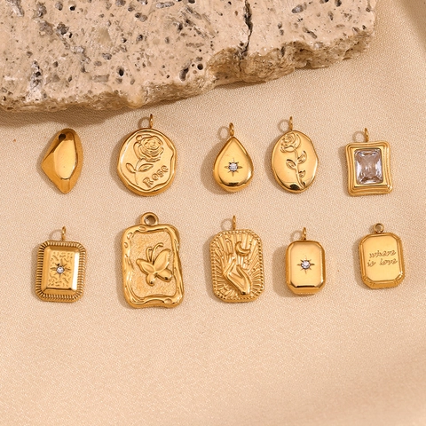 Vintage Geometric Pendants 18K Gold Plated Stainless Steel Zircon Inlaid DIY Jewelry Accessories For Women Rose Butterfly