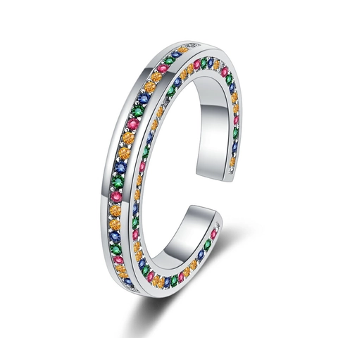 Copper Rainbow Zirconia Open Ring For Women Adjustable Platinum Plated Eternity Band Colorful Rhinestone Fashion Jewelry Gift