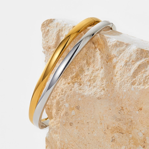 Brazalete Ovalado Minimalista de Acero Inoxidable Chapado en Oro Plata Pulido Liso Geométrico para Mujer Joyería