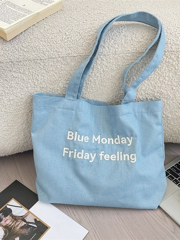 Borsa Tote In Denim Grande Capacità Ricamo Lettere Borsa A Spalla Donna Quotidiana Casual Stile Retro Semplice