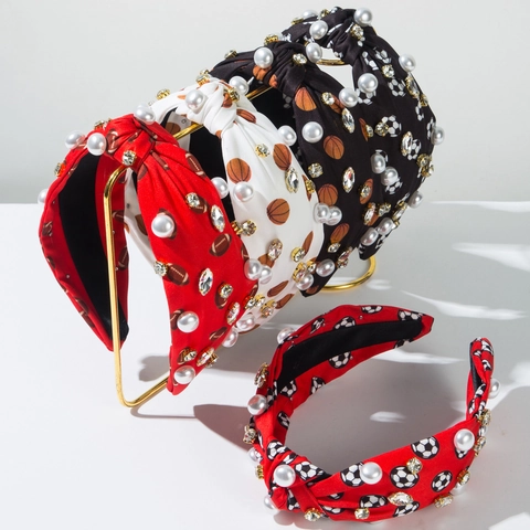 Fascia Annodata Stile Sportivo da Donna Stampa su Tessuto Calcio Basket Strass Perla Artificiale Cerchietto alla Moda Accessorio