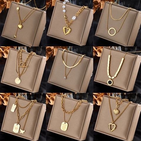 Stainless Steel Layered Necklace For Women Gold Plated Heart Artificial Pearl Coin Pendant Asymmetric Snake Chain Fashion Jewelry Gift