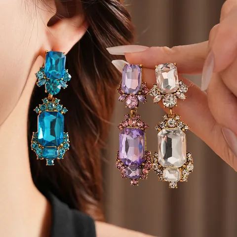 Vintage Luxury Geometric Square Crystal Dangle Earrings With Silver Earring Post Retro Palace Style Zircon Drop Jewelry