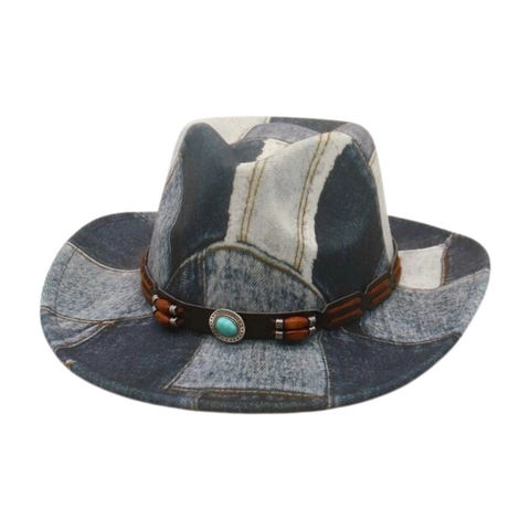 Cappello Da Cowboy Occidentale Denim Patchwork Retrò Tesa Larga Fedora Con Perline In Legno Turchese Fascia In Pelle