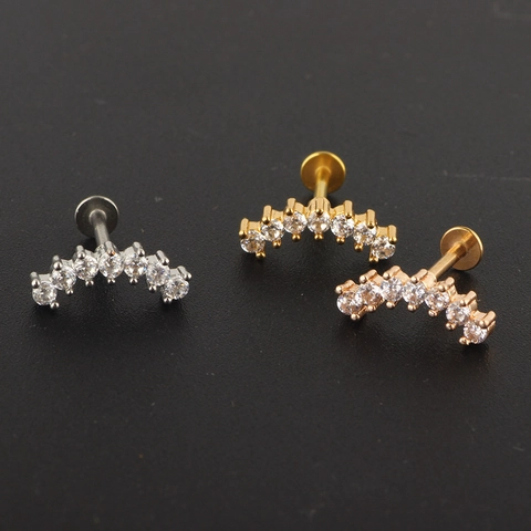 Curved Row Zircon Cartilage Earring Stud Stainless Steel Flat Back Labret Lip Piercing Jewelry Screw Fashion Women Accessory