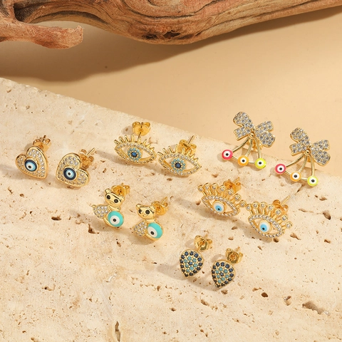 Retro Minimalist Copper Zirconia Stud Earrings For Women Exquisite Evil Eye Heart Bow Bear Enamel Drip Oil Jewelry Gift