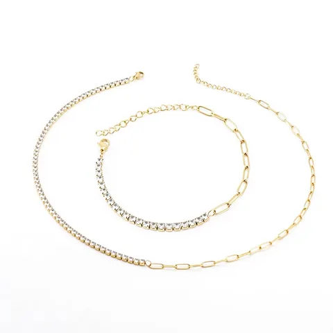 Collar Pulsera De Acero Inoxidable Moda Cadena Tenis Circonita Eslabón Clip Joyas Chapadas En Oro 18K Para Mujer