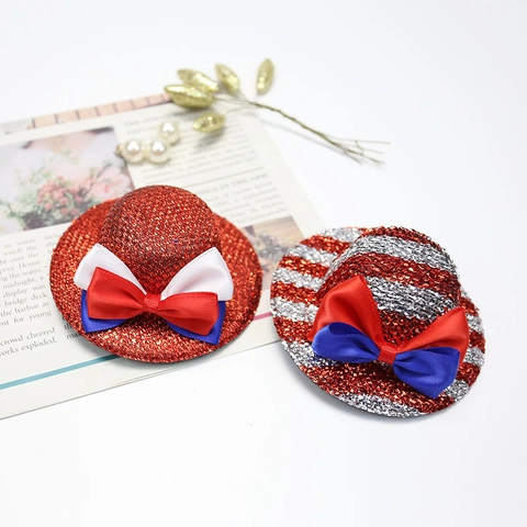 Mini Sequin Top Hat Hair Clip Patriotic American Flag Colors Satin Ribbon Bow Independence Day Party Accessory Novelty Glitter