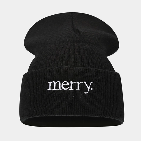 Knitted Beanie Hat Acrylic Merry Letter Embroidery Folded Cuff Warm Winter Casual Slouchy Skull Cap For Men Women