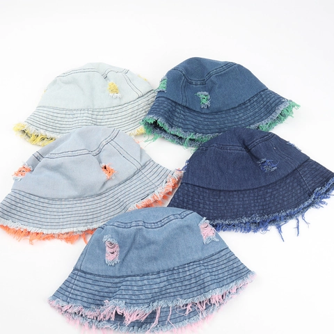 Cappello Alla Pescatora Denim Lavato Cotone Distressed Bordo Sfilacciato Colorato Protezione Solare Streetwear Retro Donna