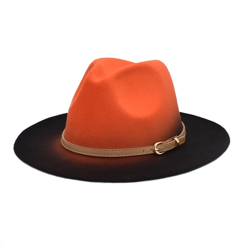 Vintage Fedora Hat Gradient Color Block Wide Brim Felt With Leather Belt Buckle Jazz Cap For Women Men British Style