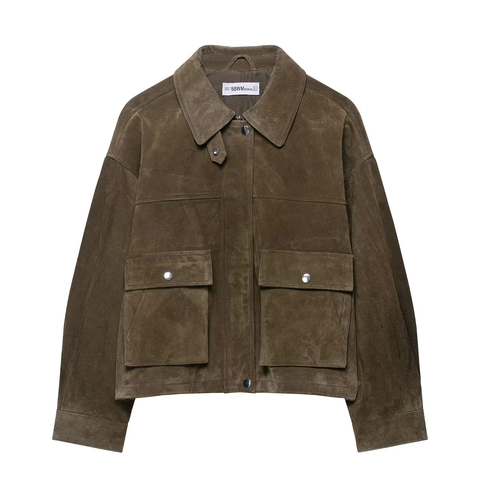 Damen Retro Kunstwildleder Jacke Vintage Polo Kragen Lockerer Schnitt Doppeltaschen Streetwear Langarm Oberbekleidung Braun