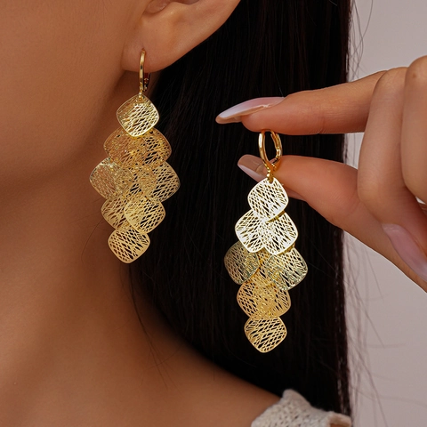 Geometrische Raute Hohl Gitter Gestuft Quaste Tropfen Ohrringe Messing Vergoldet Silber Vintage Layered Statement Damen