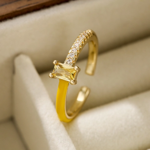 Fashion Colorful Enamel Open Ring Women 18K Gold Plated Copper Rectangle Cubic Zirconia Adjustable Finger Ring