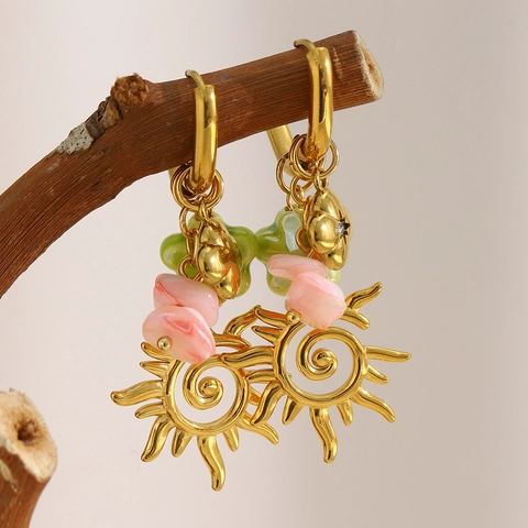 Orecchini Bohemien Sole Spirale Placcati Oro 18K Acciaio Inossidabile Fiore Resina Perla Vetro Gioielli Vintage