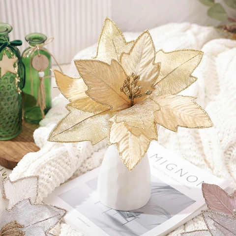 Artificial Christmas Poinsettia Flowers Fabric Mesh Glitter Sequins Christmas Tree Ornament Home Party Decor Elegant