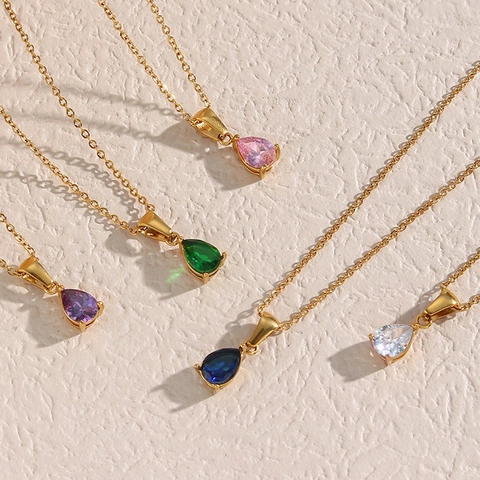 Wassertropfen Zirkonia Anhänger Halskette Edelstahl 18K Vergoldet Elegante Einfache Schlüsselbeinkette Schmuck Für Damen