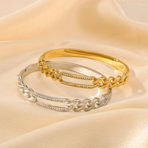 Bangle For Women Stainless Steel 18K Gold Plated Rhinestone Hollow Rectangular Chain Texture Geometric Minimalist Jewelry