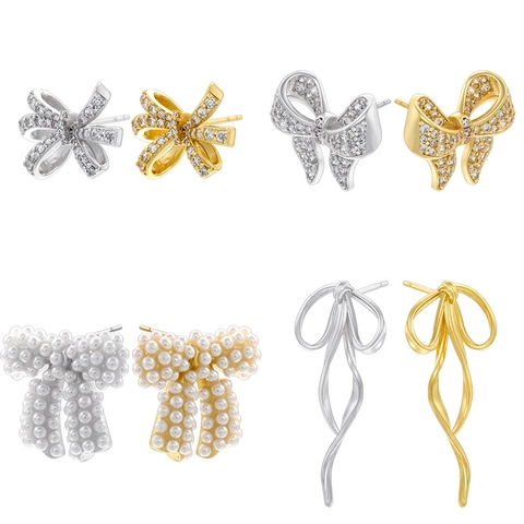Elegant Bowknot Stud Earrings Crafted From Brass With Zircon And Artificial Pearl Accents Fashion Jewelry Ribbon Design For Women
