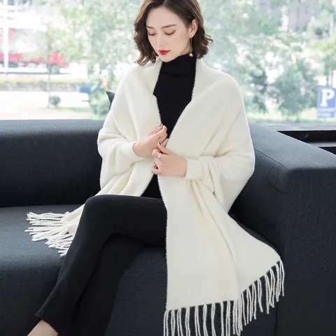 Women Elegant Imitation Mink Velvet Knitted Shawl With Sleeves Winter Warm Solid Color Tassel Cloak Cardigan Outerwear Cape