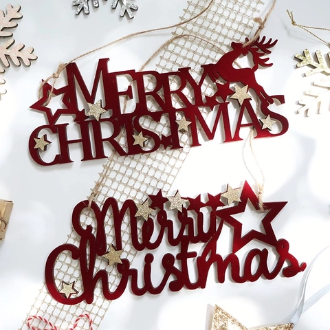 Buon Natale Ornamenti Appesi In Legno Lettere Cave Stella Luccicante Oro Decorazione Albero Di Natale Rosso