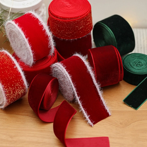 Nastro Di Velluto Di Natale Per Confezioni Regalo DIY Rosso Verde Tessuto Morbido Con Bordo In Pelliccia Sintetica E Glitter