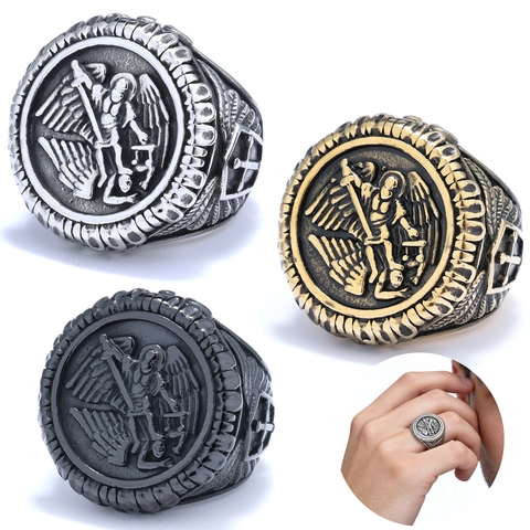 Anello Rilievo Arcangelo San Michele Acciaio Inossidabile Vintage Religioso Croce Gotico Gioielli Per Uomini Donne Regalo