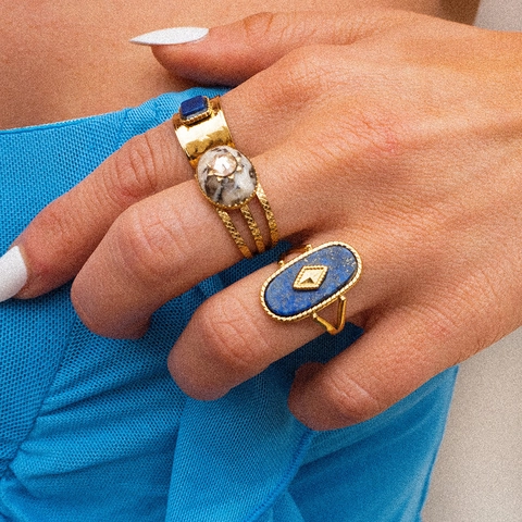 French Vintage Court Style Lapis Lazuli Ring Stainless Steel 18K Gold Plated Geometric Retro Luxury Jewelry For Women