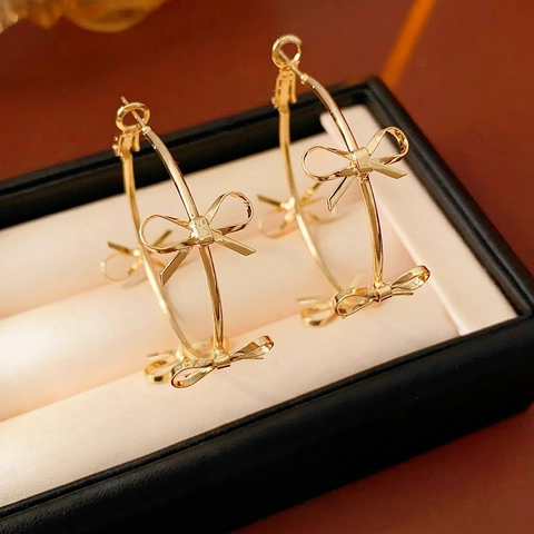 Elegant Bow Knot Large Hoop Earrings With 925 Sterling Silver Earring Post Metal Minimalist Jewelry For Women