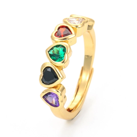 Fashion Heart Zirconia Copper Ring For Women Gold Platinum Plated Rainbow Open Adjustable Colorful Linked Heart Ring Jewelry
