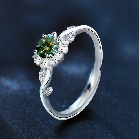 925 Sterling Silver Sunflower Open Ring For Women Vintage Green Emerald White Champagne Moissanite Rhinestone Adjustable Finger Jewelry