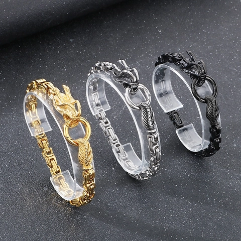 Dragon Head Bracelet Stainless Steel Byzantine Chain Retro Hip Hop Jewelry For Men Classic All Match Cool Accessory