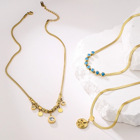 Collana Con Ciondolo In Acciaio Inossidabile Placcato Oro 18K Motivo Serpente Occhio Di Allah Numeri Romani Gioielli Per Donna
