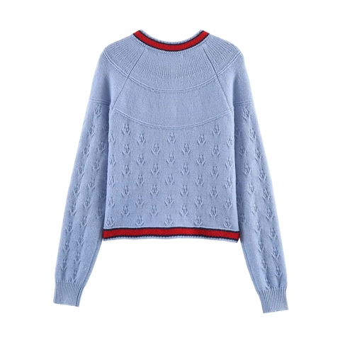 Damen Strickjacke Pullover Kontraststreifen Blumenstickerei Knopfleiste Langarm Süßer Stil Acryl Polyester