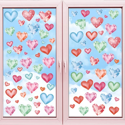 Valentinstag Herz Fenster Statische Aufkleber Bunte PVC Geometrische Aquarell Punkte Herz Decals Für Glas Fenster Heimdekor