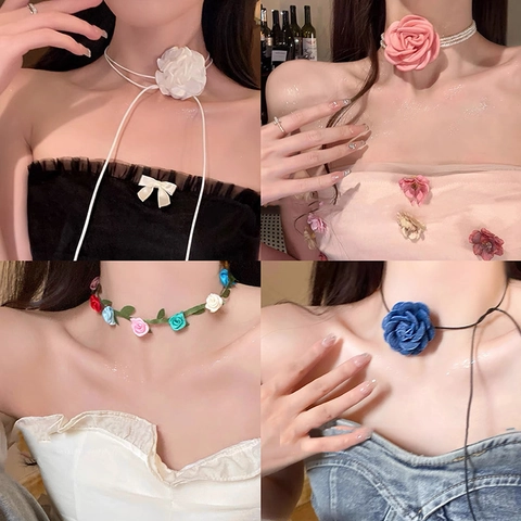 Elegant Choker Necklace With Imitation Artificial Pearl And Fabric Flower Butterfly Rhinestone Jewelry For Women French Style