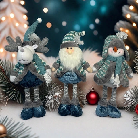 Muñecos de Peluche de Navidad Telescópicos Azul Gris Punto Papá Noel Muñeco de Nieve Reno Adornos Festivos Hogar