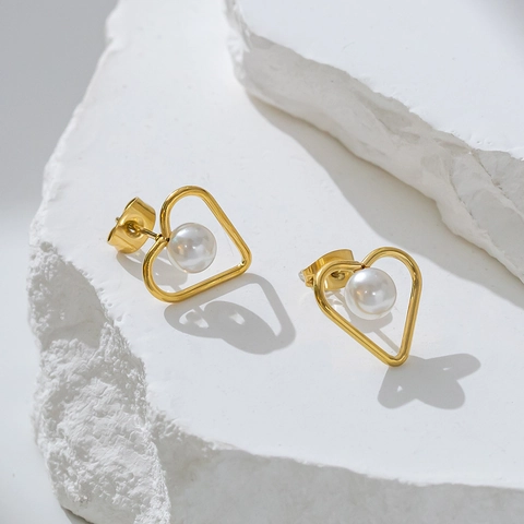 Französisch Minimalistisch Gold Herz Perle Ohrstecker Damen Elegant Geometrisch Herzförmig Künstliche Perle Ohrringe Schmuck