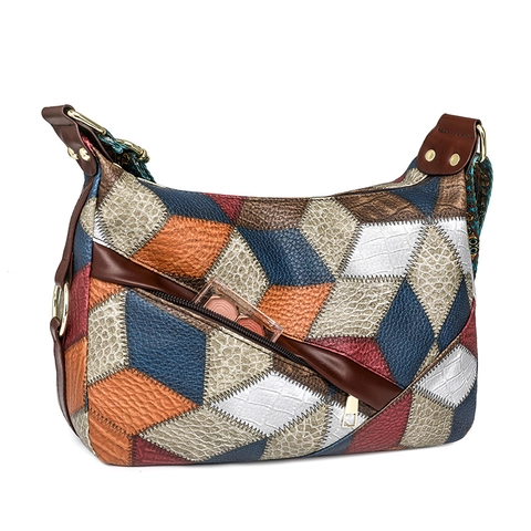 Women Shoulder Bag PU Leather Multi Pocket Patchwork Retro Crossbody With Ethnic Wide Strap Large Capacity Fashion