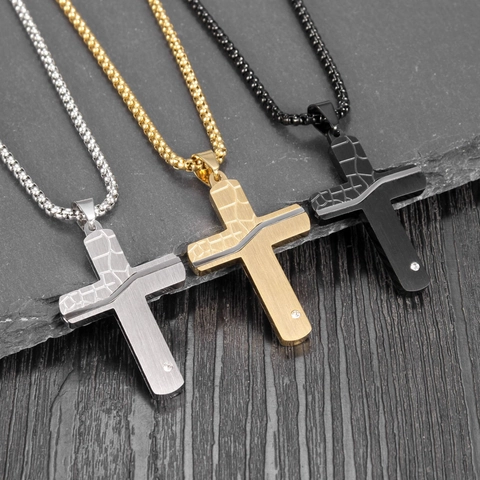 Collana Con Pendente A Croce In Acciaio Inossidabile Texture Pietra Crepata Stile Hip Hop Punk Da Uomo Con Piccolo Zircone
