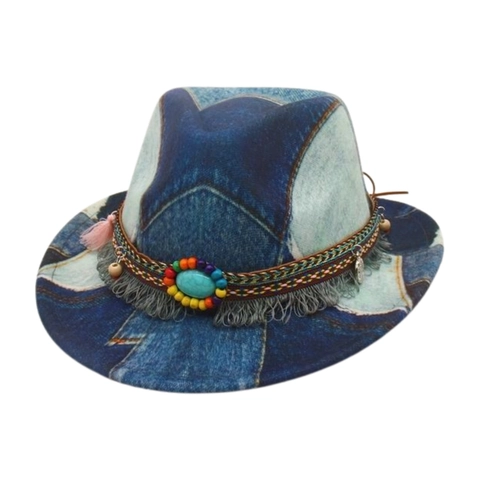 Kinderen Fedora Hoed Denim Patchwork Boho Etnische Jazz Pet Western Cowboy Met Kwastjes Turkoois Voor Kinderen